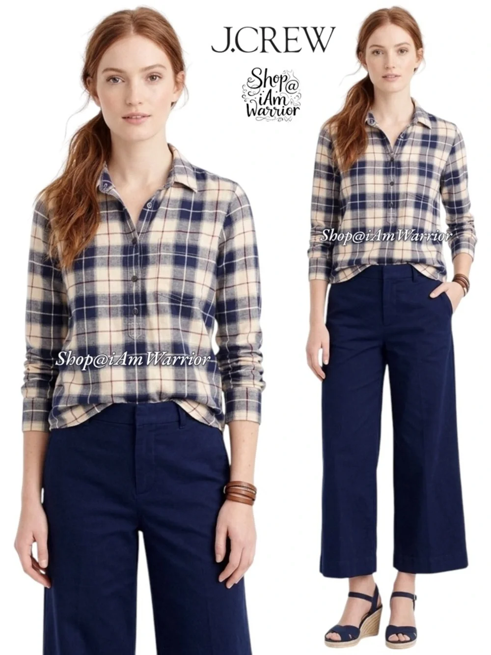 J.Crew plaid ‘boy fit’ 3/4 button down top *shop@iamwarrior